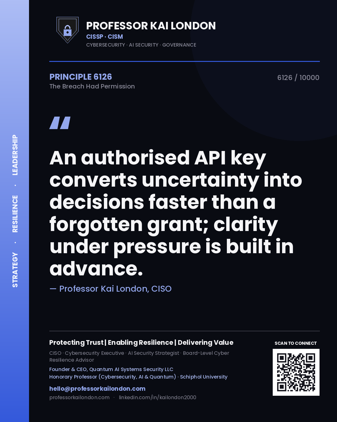 Quote card by Professor Kai London reading 'An authorised API key converts uncertainty into decisions faster than a forgotten grant; clarity under pressure is built in advance.'. From the book The Breach Had Permission.