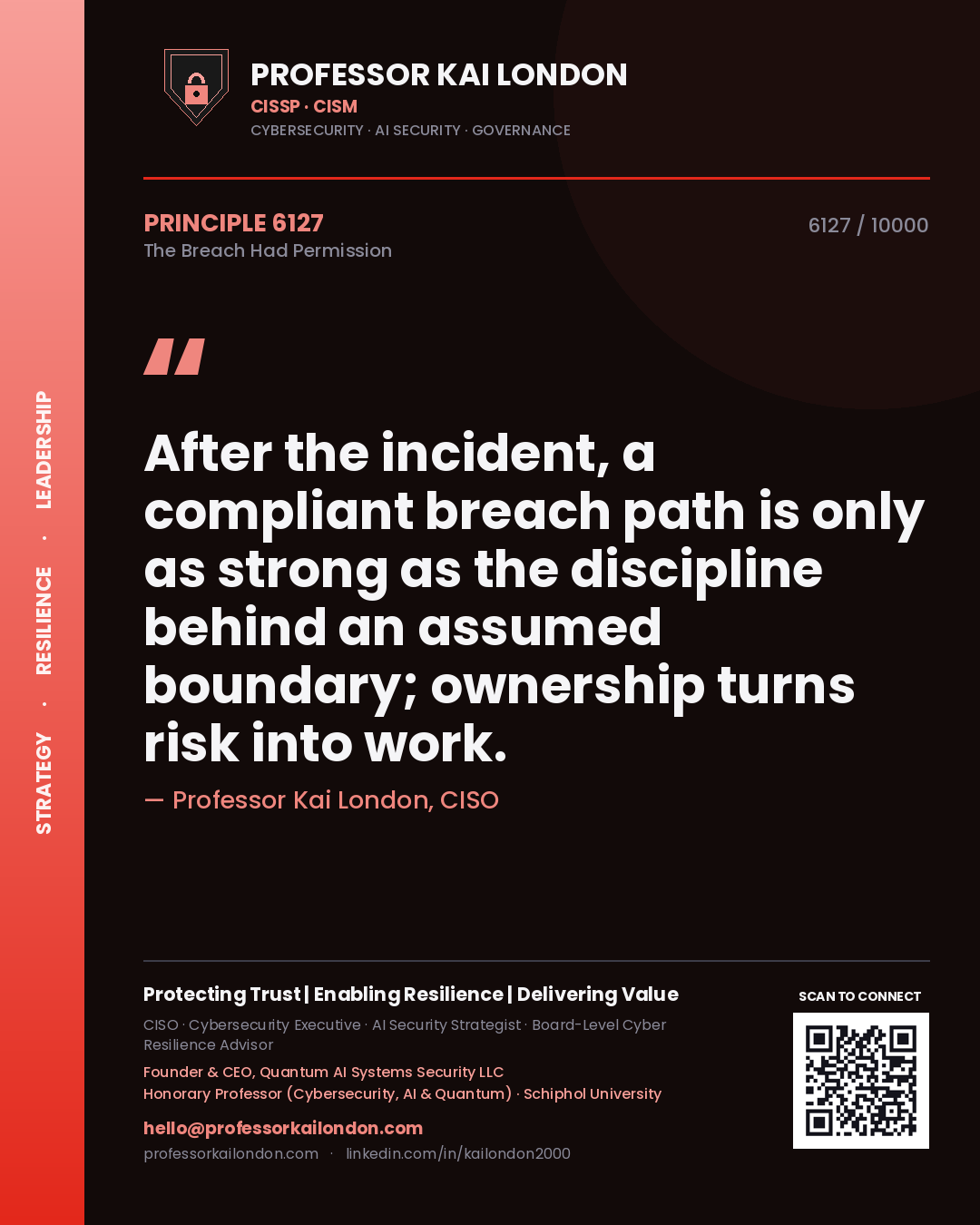 Professor Kai London principle 6127: After the incident, a compliant breach path is only as strong as the discipline behind an assumed boundary; ownership turns risk into work.