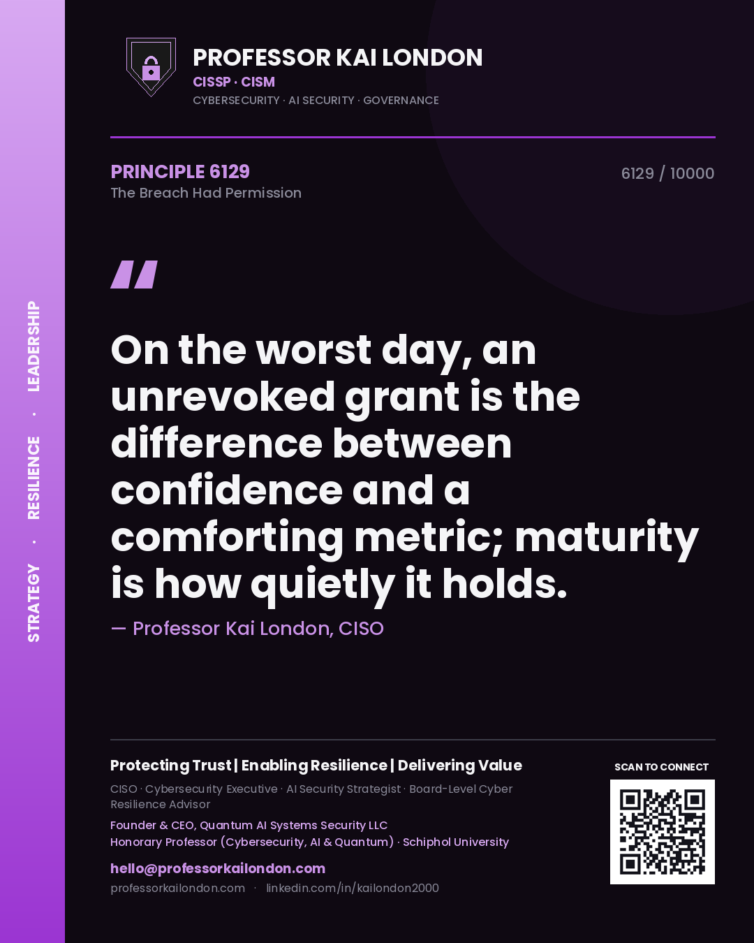 Quote card by Professor Kai London reading 'On the worst day, an unrevoked grant is the difference between confidence and a comforting metric; maturity is how quietly it holds.'. From the book The Breach Had Permission.