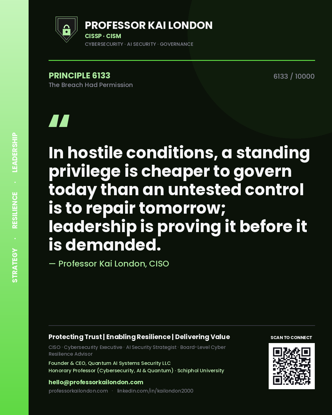 Professor Kai London principle 6133: In hostile conditions, a standing privilege is cheaper to govern today than an untested control is to repair tomorrow; leadership is proving it before it is demanded.