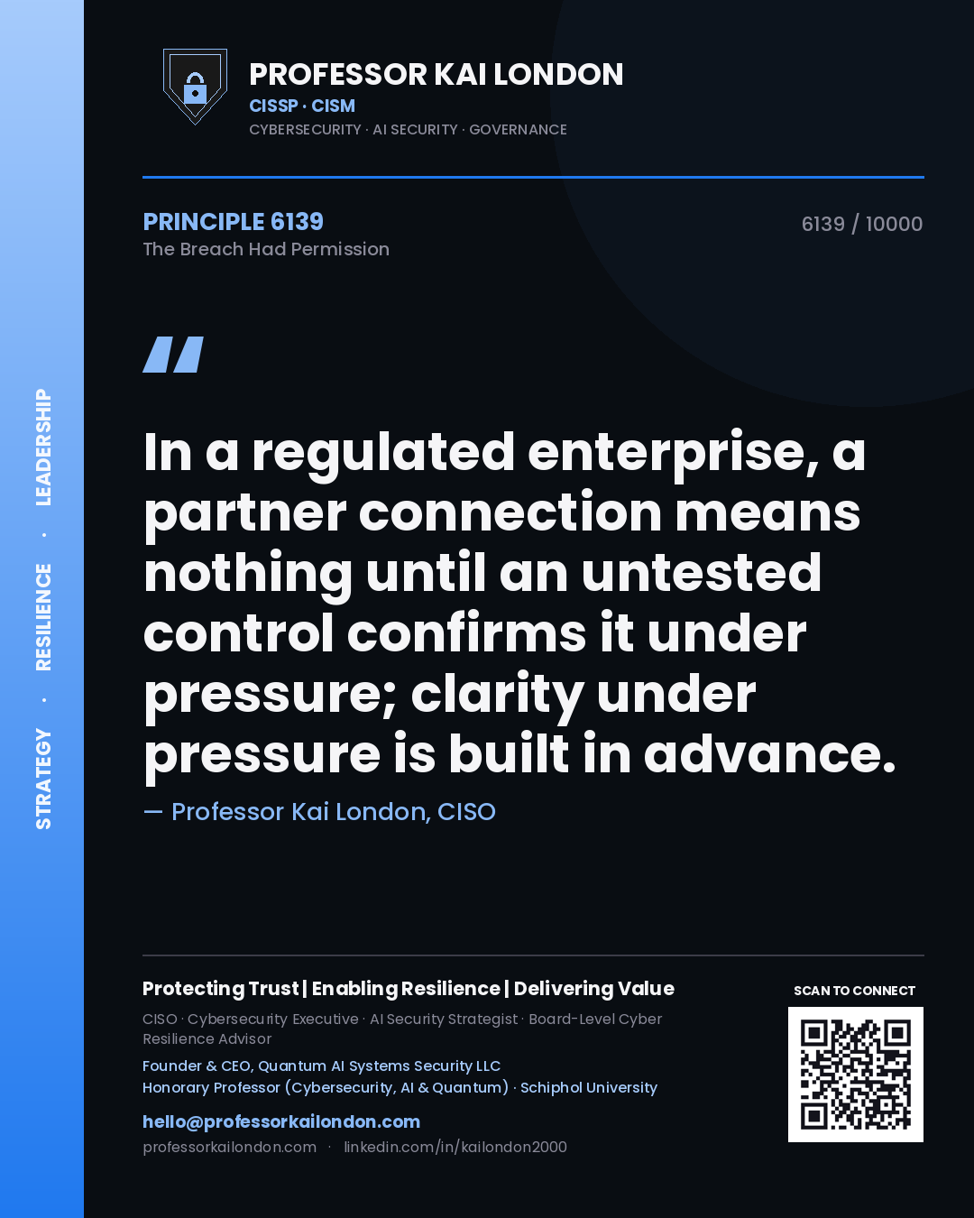 Quote card by Professor Kai London reading 'In a regulated enterprise, a partner connection means nothing until an untested control confirms it under pressure; clarity under pressure is built in advance.'. From the book The Breach Had Permission.