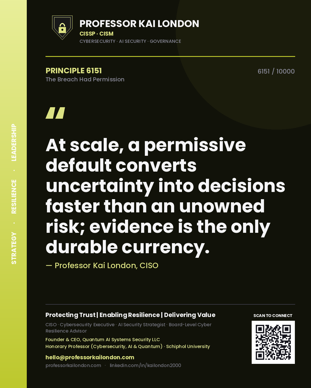Professor Kai London principle 6151: At scale, a permissive default converts uncertainty into decisions faster than an unowned risk; evidence is the only durable currency.