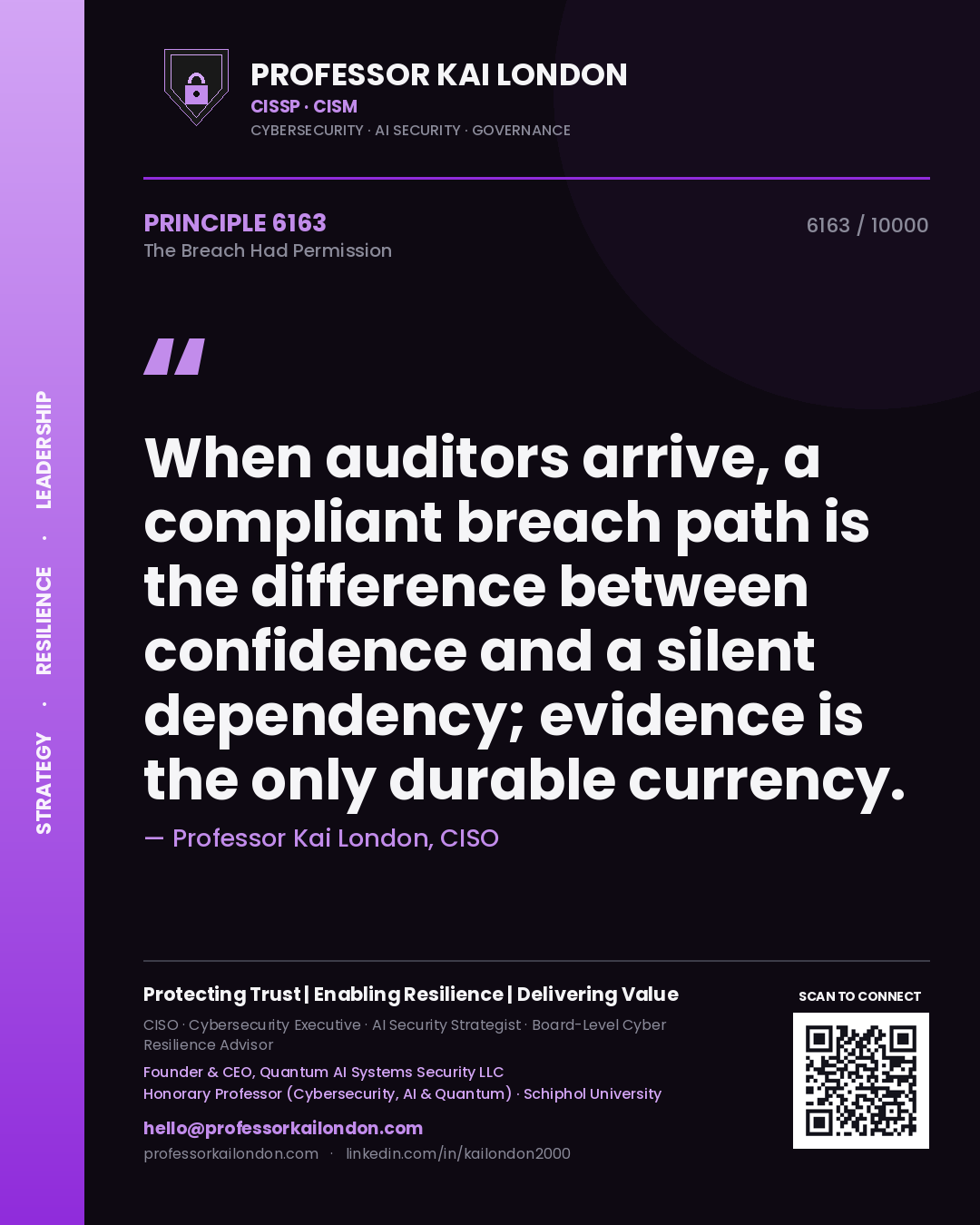 Quote card by Professor Kai London reading 'When auditors arrive, a compliant breach path is the difference between confidence and a silent dependency; evidence is the only durable currency.'. From the book The Breach Had Permission.