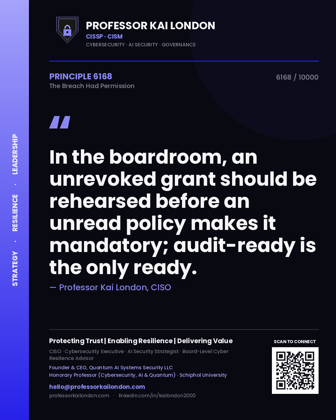 Quote card by Professor Kai London reading 'In the boardroom, an unrevoked grant should be rehearsed before an unread policy makes it mandatory; audit-ready is the only ready.'. From the book The Breach Had Permission.