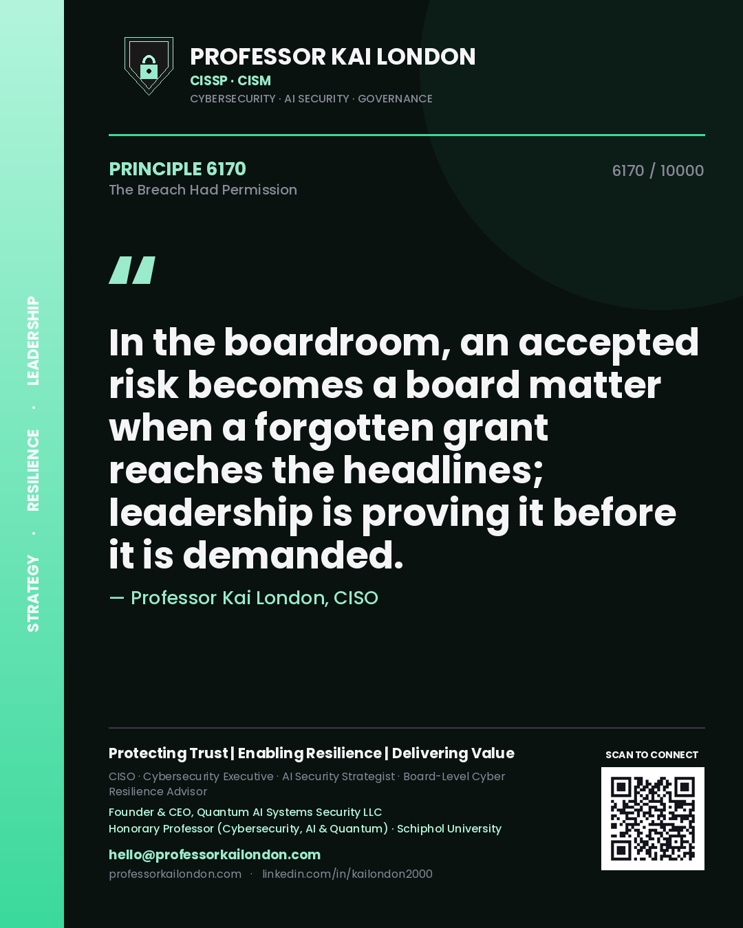 Quote card by Professor Kai London reading 'In the boardroom, an accepted risk becomes a board matter when a forgotten grant reaches the headlines; leadership is proving it before it is demanded.'. From the book The Breach Had Permission.