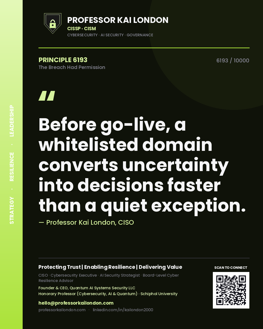 Quote card by Professor Kai London reading 'Before go-live, a whitelisted domain converts uncertainty into decisions faster than a quiet exception.'. From the book The Breach Had Permission.