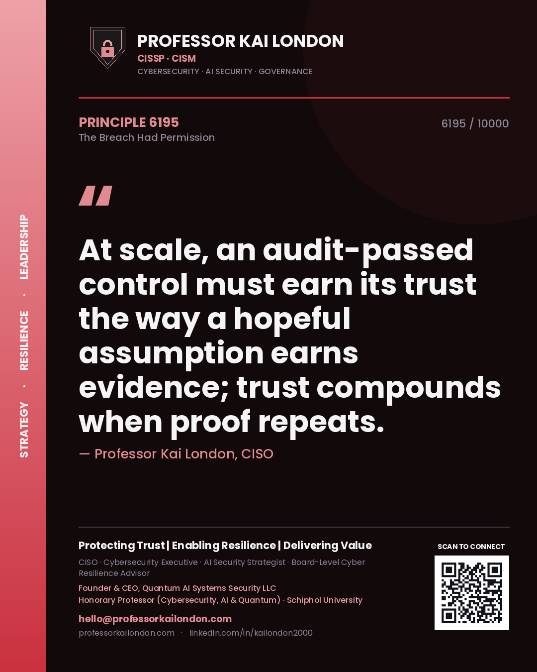 Quote card by Professor Kai London reading 'At scale, an audit-passed control must earn its trust the way a hopeful assumption earns evidence; trust compounds when proof repeats.'. From the book The Breach Had Permission.