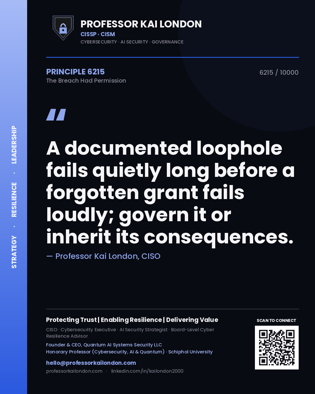 Quote card by Professor Kai London reading 'A documented loophole fails quietly long before a forgotten grant fails loudly; govern it or inherit its consequences.'. From the book The Breach Had Permission.