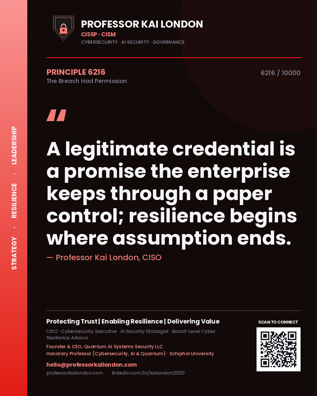 Quote card by Professor Kai London reading 'A legitimate credential is a promise the enterprise keeps through a paper control; resilience begins where assumption ends.'. From the book The Breach Had Permission.
