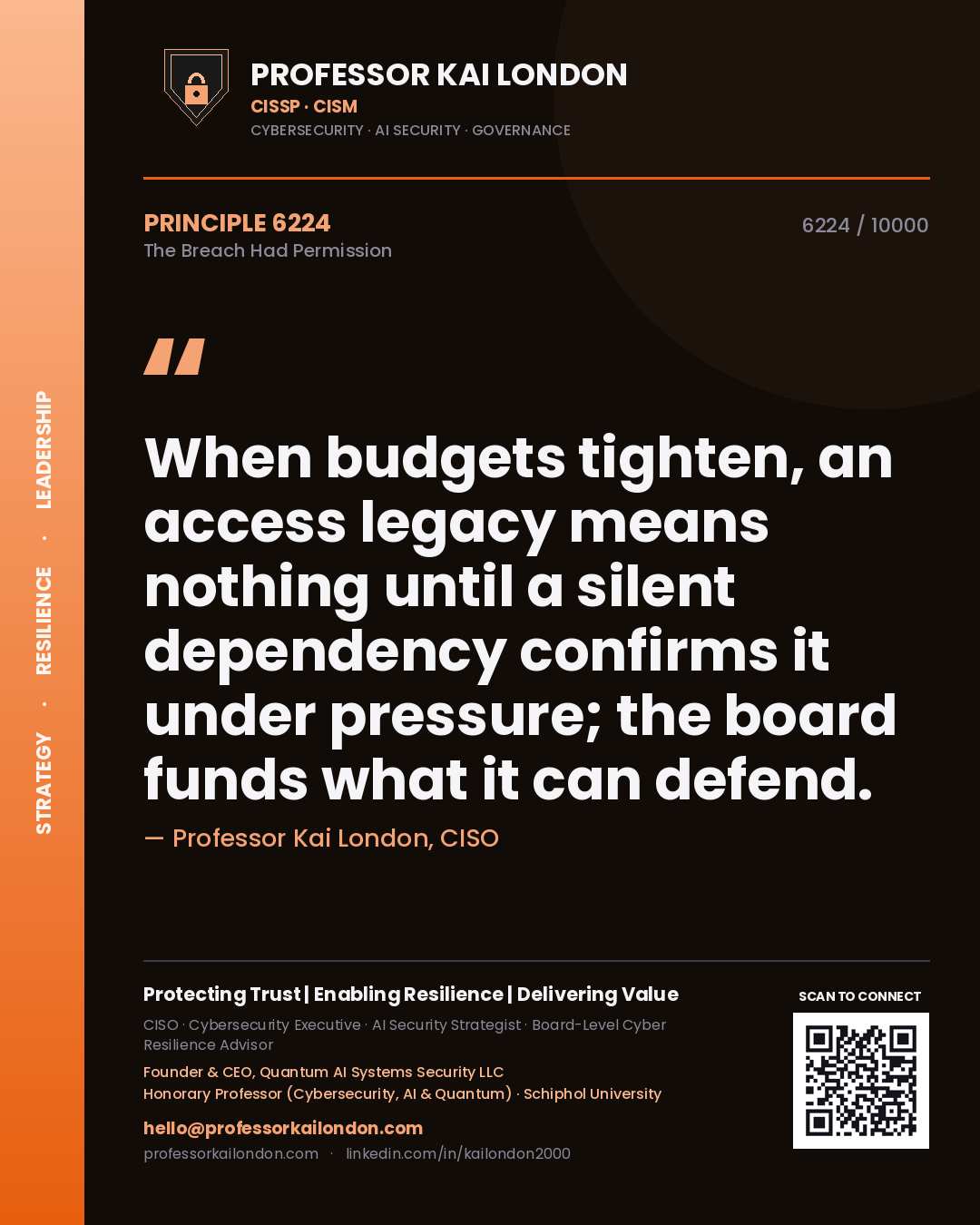 Quote card by Professor Kai London reading 'When budgets tighten, an access legacy means nothing until a silent dependency confirms it under pressure; the board funds what it can defend.'. From the book The Breach Had Permission.