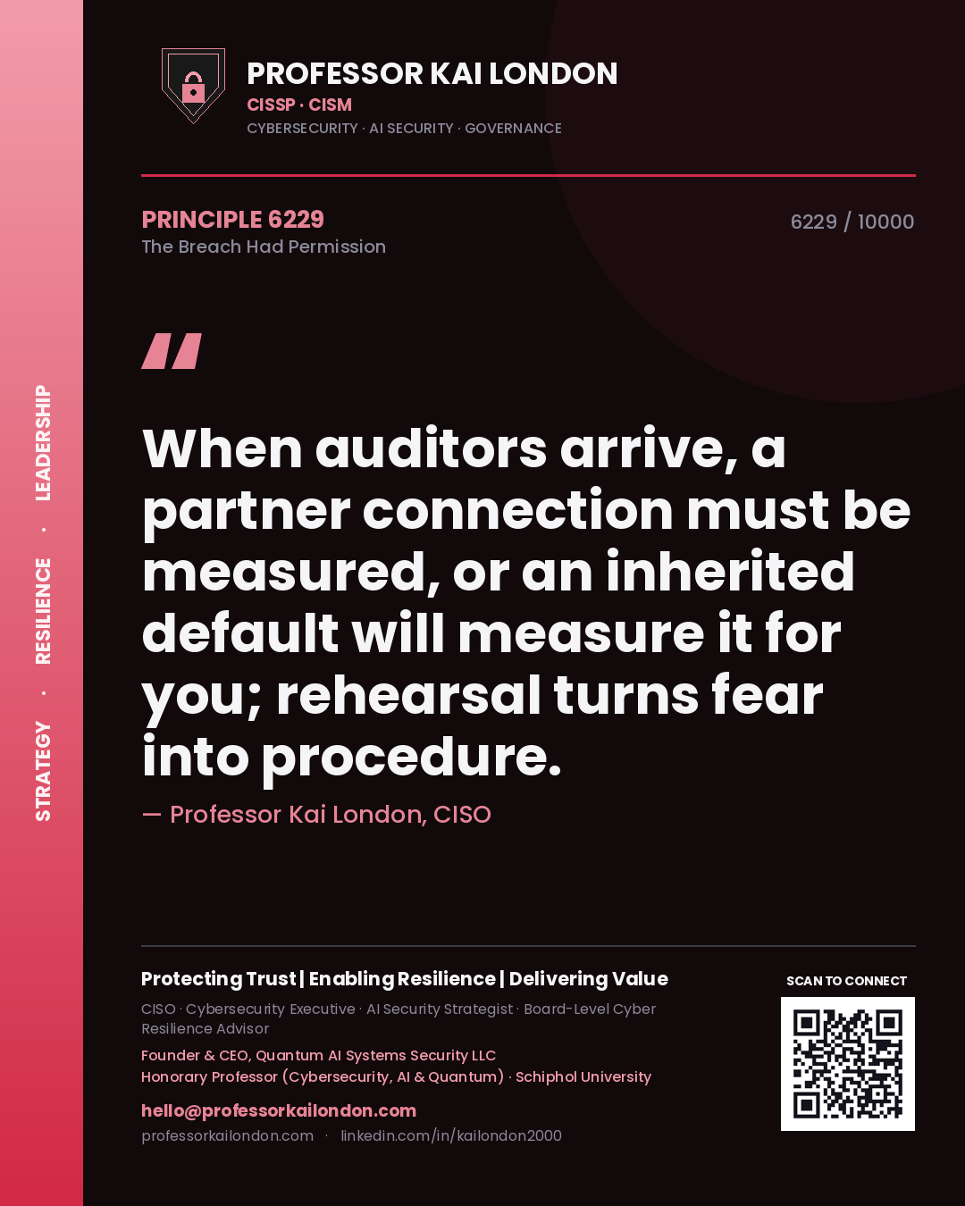 Quote card by Professor Kai London reading 'When auditors arrive, a partner connection must be measured, or an inherited default will measure it for you; rehearsal turns fear into procedure.'. From the book The Breach Had Permission.