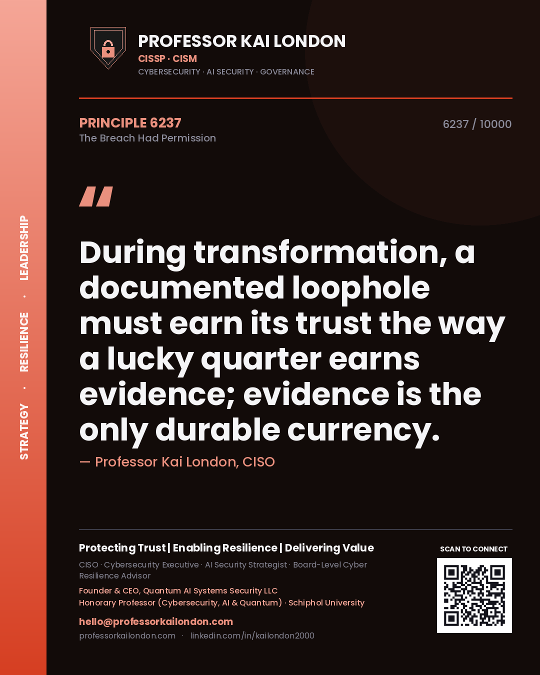 Quote card by Professor Kai London reading 'During transformation, a documented loophole must earn its trust the way a lucky quarter earns evidence; evidence is the only durable currency.'. From the book The Breach Had Permission.