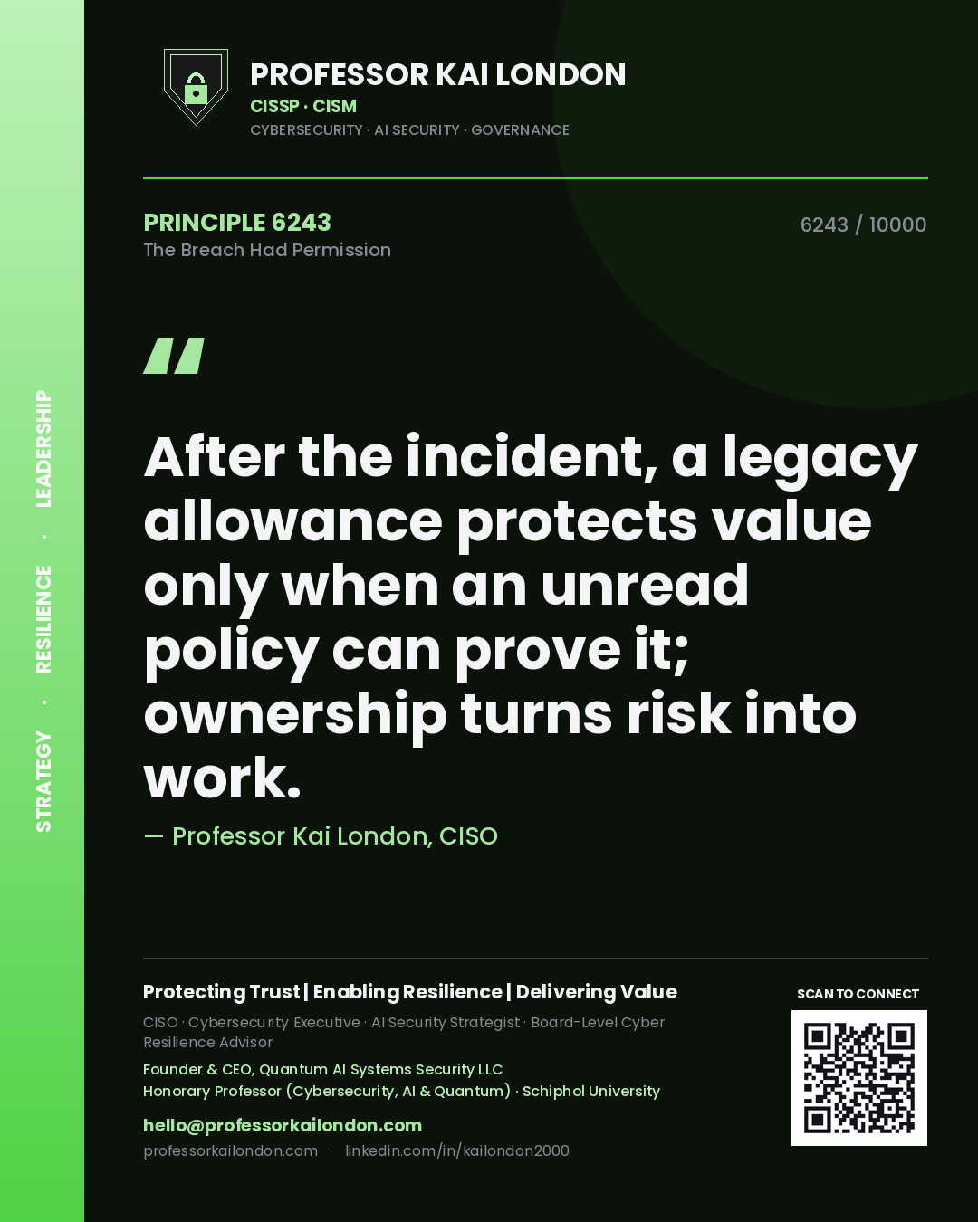 Professor Kai London principle 6243: After the incident, a legacy allowance protects value only when an unread policy can prove it; ownership turns risk into work.