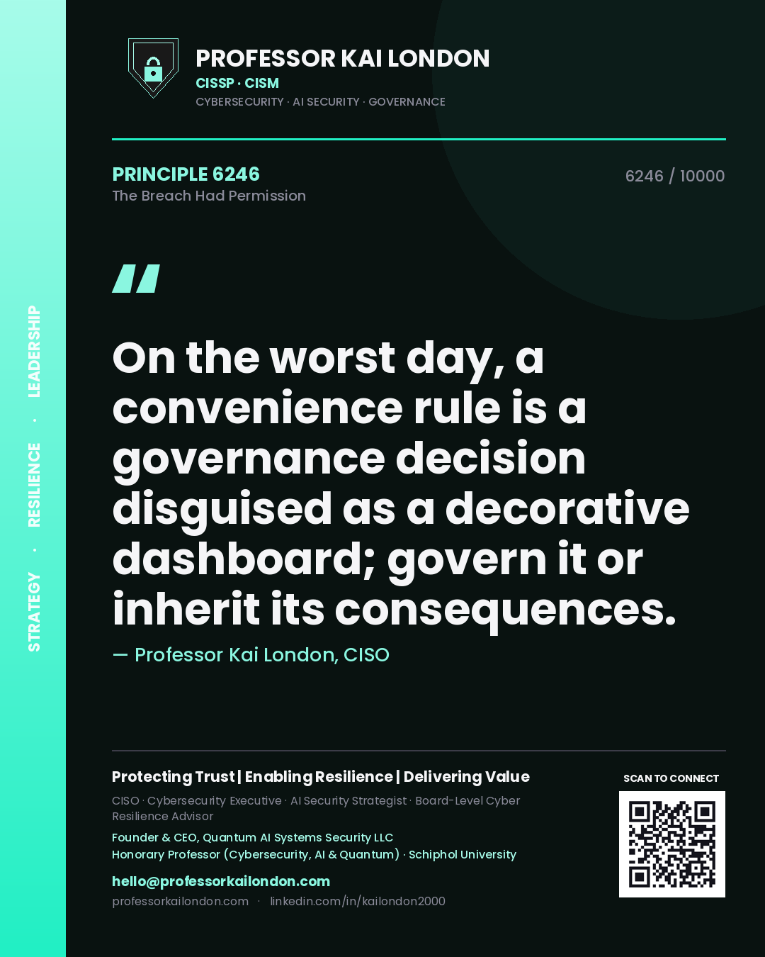 Quote card by Professor Kai London reading 'On the worst day, a convenience rule is a governance decision disguised as a decorative dashboard; govern it or inherit its consequences.'. From the book The Breach Had Permission.