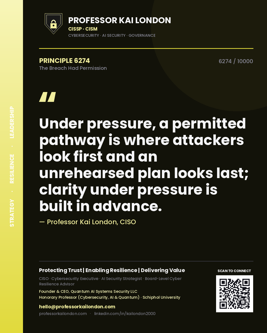 Quote card by Professor Kai London reading 'Under pressure, a permitted pathway is where attackers look first and an unrehearsed plan looks last; clarity under pressure is built in advance.'. From the book The Breach Had Permission.