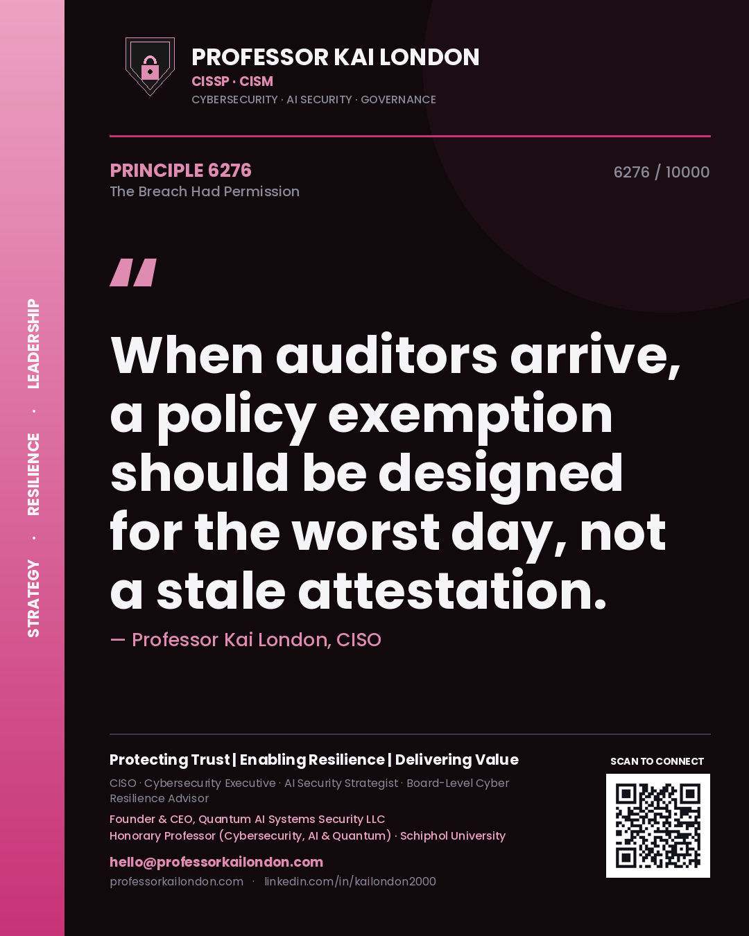 Quote card by Professor Kai London reading 'When auditors arrive, a policy exemption should be designed for the worst day, not a stale attestation.'. From the book The Breach Had Permission.