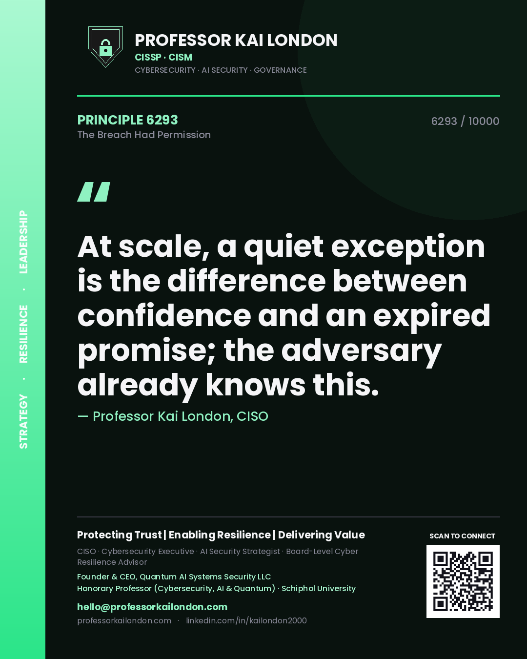 Quote card by Professor Kai London reading 'At scale, a quiet exception is the difference between confidence and an expired promise; the adversary already knows this.'. From the book The Breach Had Permission.