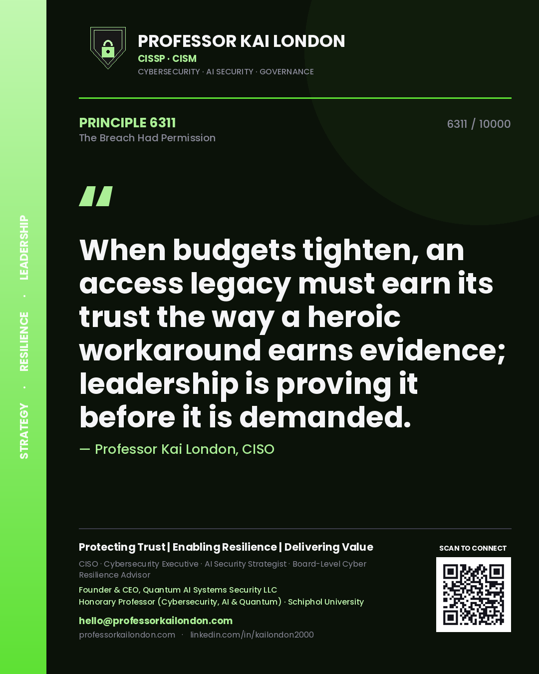 Quote card by Professor Kai London reading 'When budgets tighten, an access legacy must earn its trust the way a heroic workaround earns evidence; leadership is proving it before it is demanded.'. From the book The Breach Had Permission.
