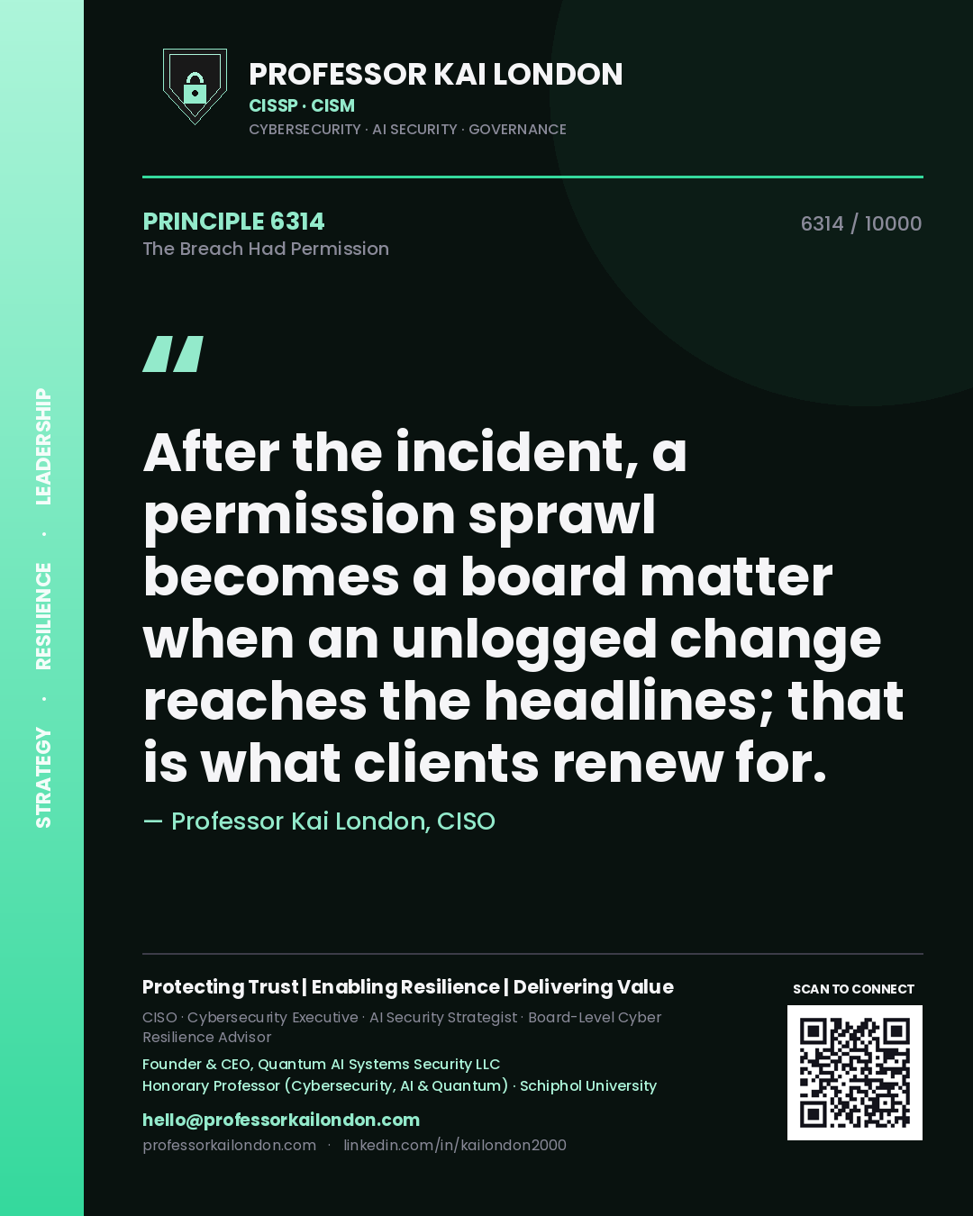 Quote card by Professor Kai London reading 'After the incident, a permission sprawl becomes a board matter when an unlogged change reaches the headlines; that is what clients renew for.'. From the book The Breach Had Permission.