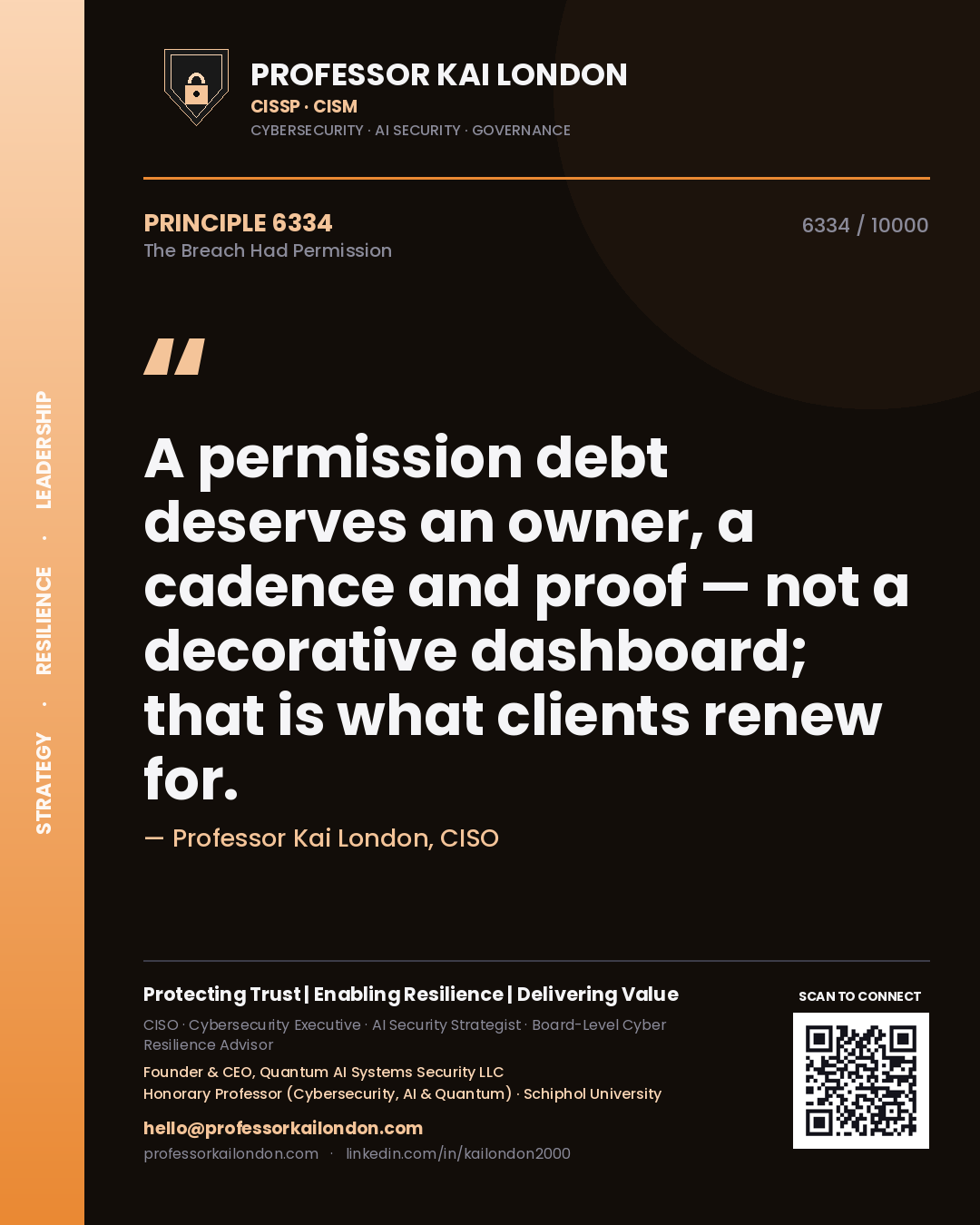 Professor Kai London principle 6334: A permission debt deserves an owner, a cadence and proof — not a decorative dashboard; that is what clients renew for.