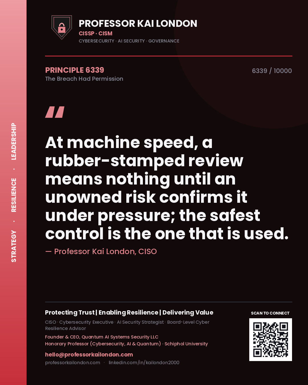 Quote card by Professor Kai London reading 'At machine speed, a rubber-stamped review means nothing until an unowned risk confirms it under pressure; the safest control is the one that is used.'. From the book The Breach Had Permission.