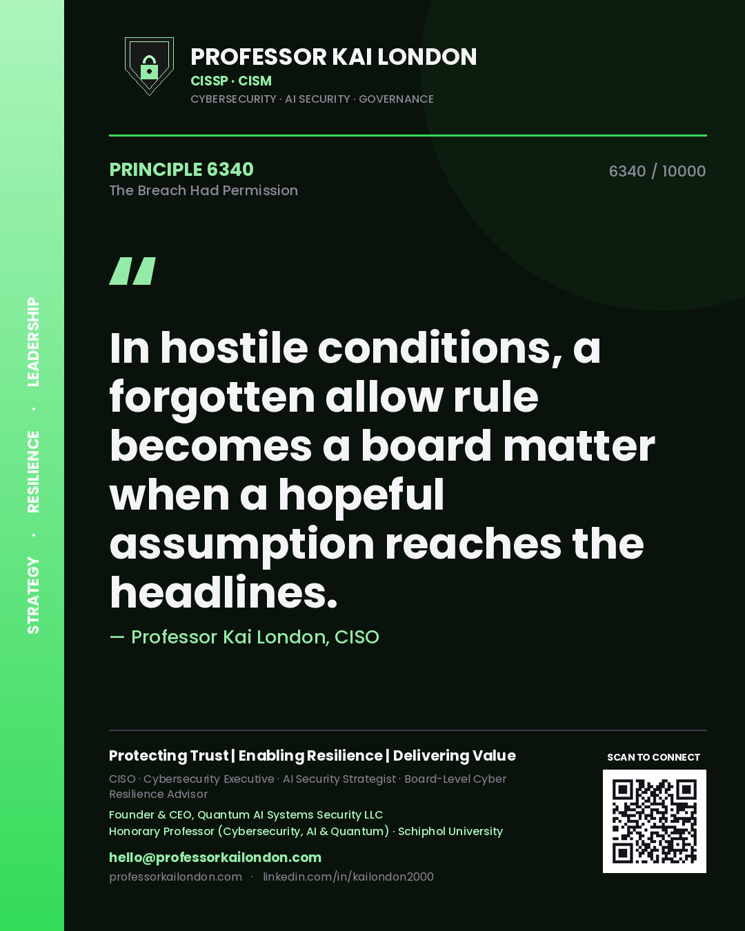 Quote card by Professor Kai London reading 'In hostile conditions, a forgotten allow rule becomes a board matter when a hopeful assumption reaches the headlines.'. From the book The Breach Had Permission.
