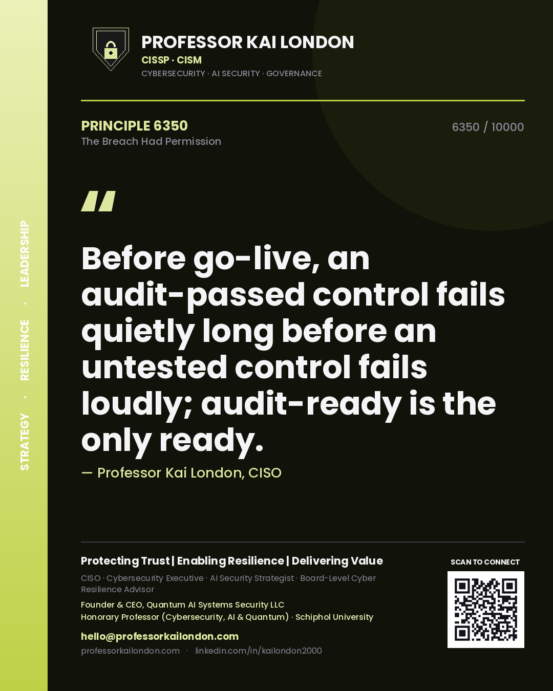 Quote card by Professor Kai London reading 'Before go-live, an audit-passed control fails quietly long before an untested control fails loudly; audit-ready is the only ready.'. From the book The Breach Had Permission.