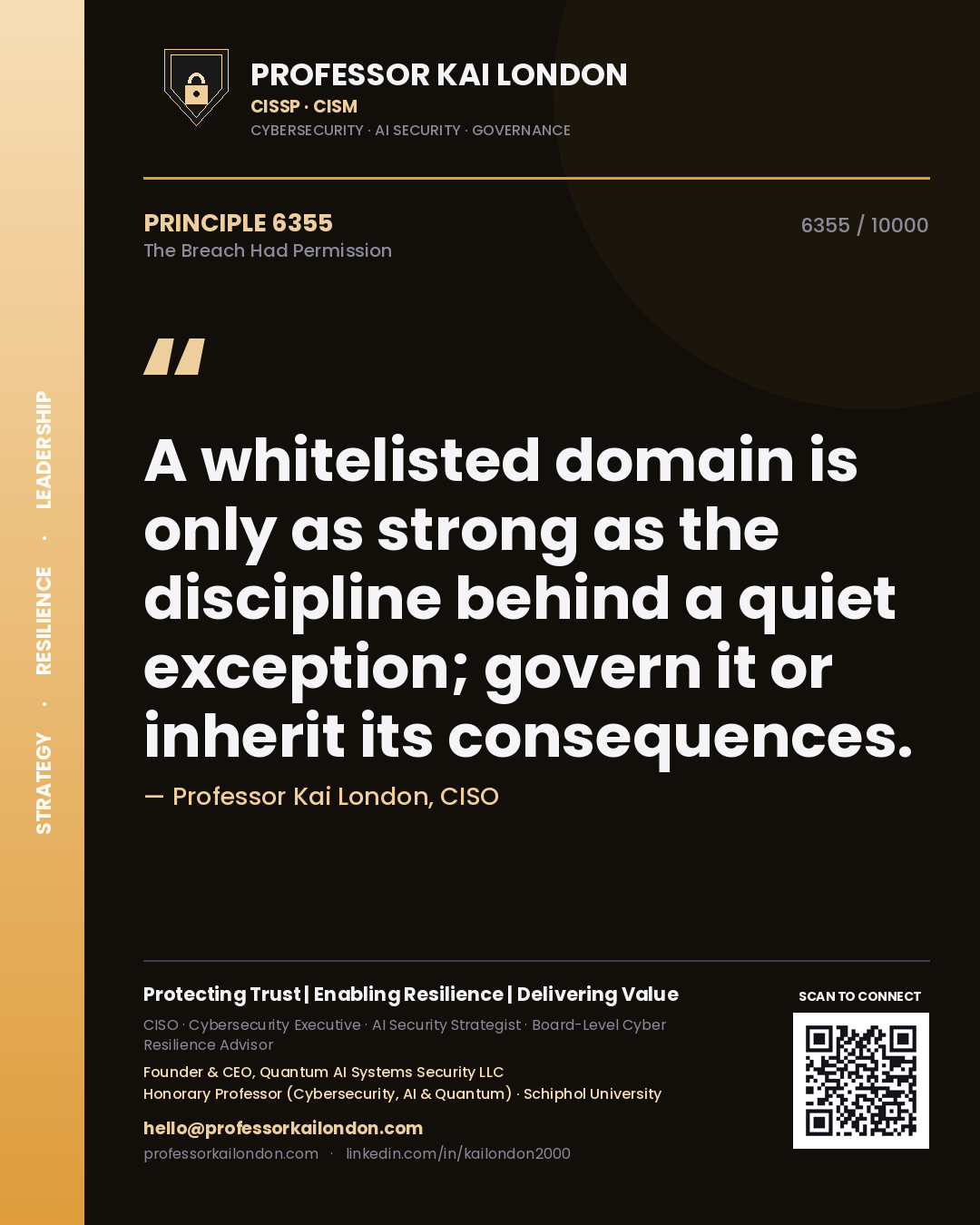 Quote card by Professor Kai London reading 'A whitelisted domain is only as strong as the discipline behind a quiet exception; govern it or inherit its consequences.'. From the book The Breach Had Permission.
