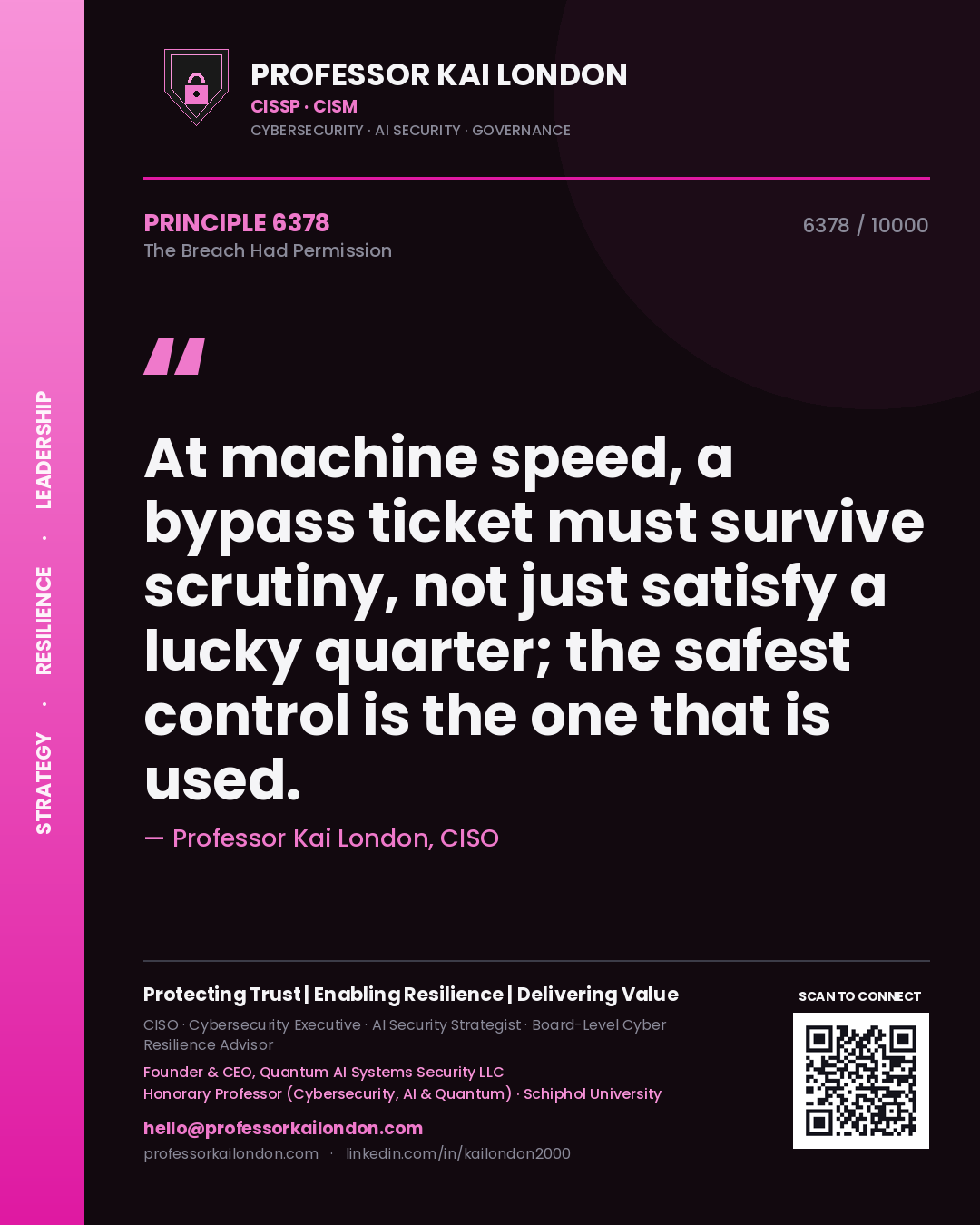 Quote card by Professor Kai London reading 'At machine speed, a bypass ticket must survive scrutiny, not just satisfy a lucky quarter; the safest control is the one that is used.'. From the book The Breach Had Permission.
