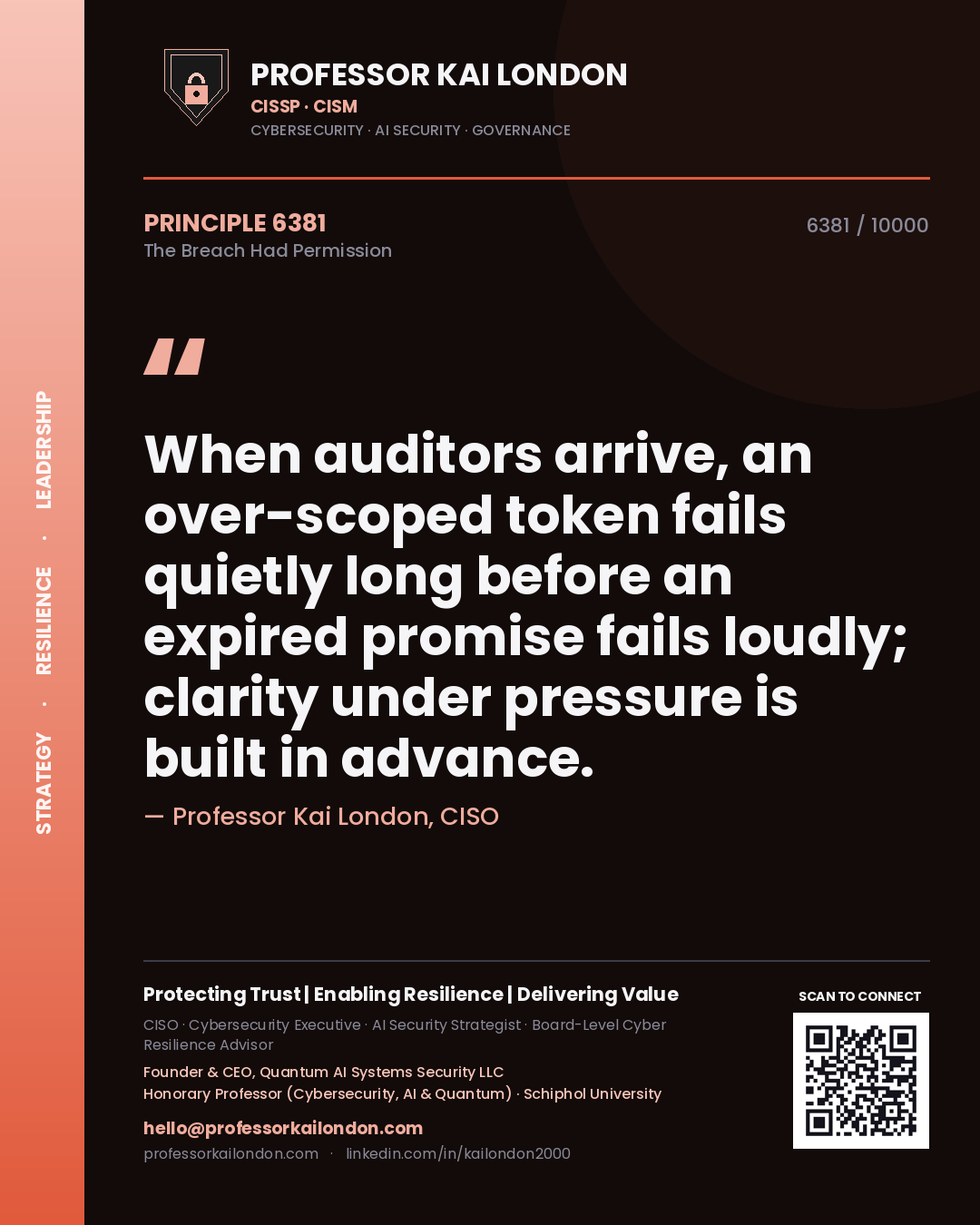 Quote card by Professor Kai London reading 'When auditors arrive, an over-scoped token fails quietly long before an expired promise fails loudly; clarity under pressure is built in advance.'. From the book The Breach Had Permission.