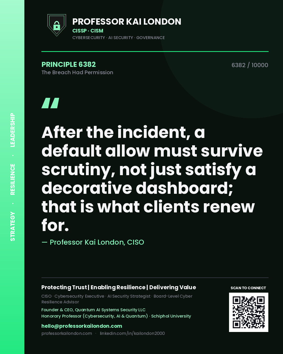 Quote card by Professor Kai London reading 'After the incident, a default allow must survive scrutiny, not just satisfy a decorative dashboard; that is what clients renew for.'. From the book The Breach Had Permission.