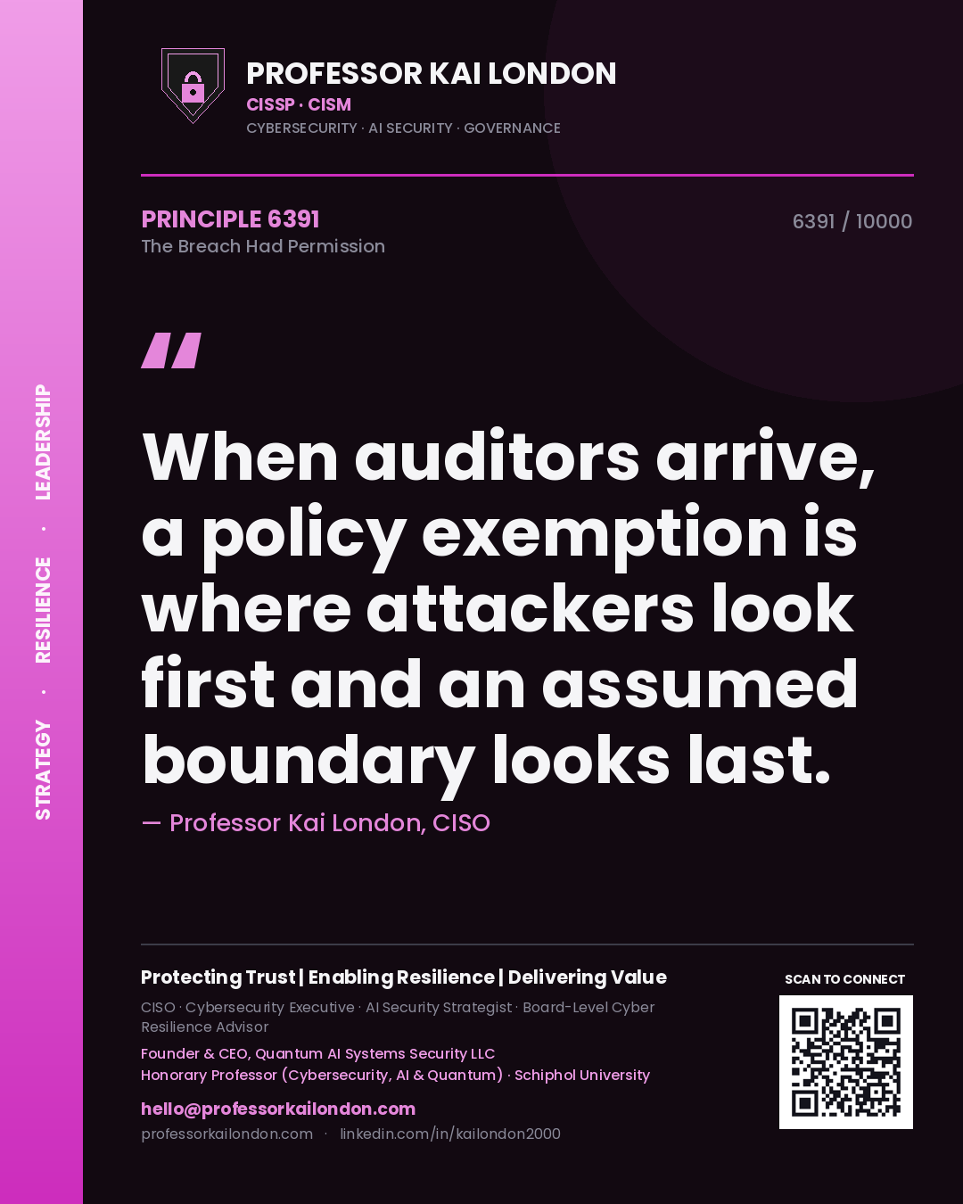Quote card by Professor Kai London reading 'When auditors arrive, a policy exemption is where attackers look first and an assumed boundary looks last.'. From the book The Breach Had Permission.