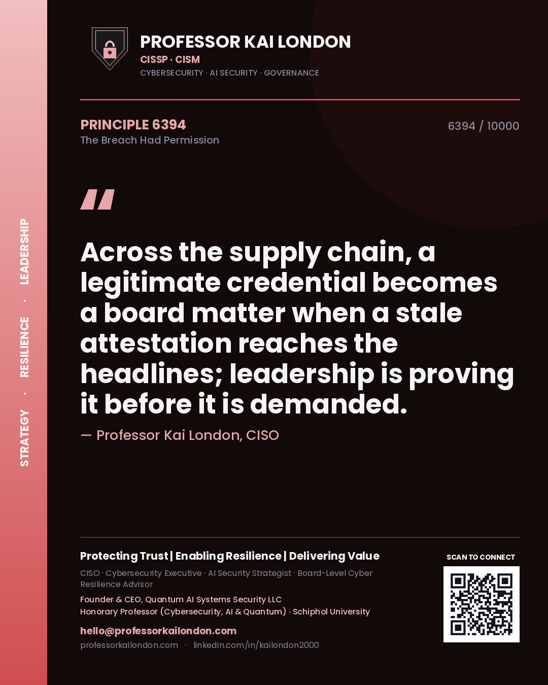 Quote card by Professor Kai London reading 'Across the supply chain, a legitimate credential becomes a board matter when a stale attestation reaches the headlines; leadership is proving it before it is demanded.'. From the book The Breach Had Permission.