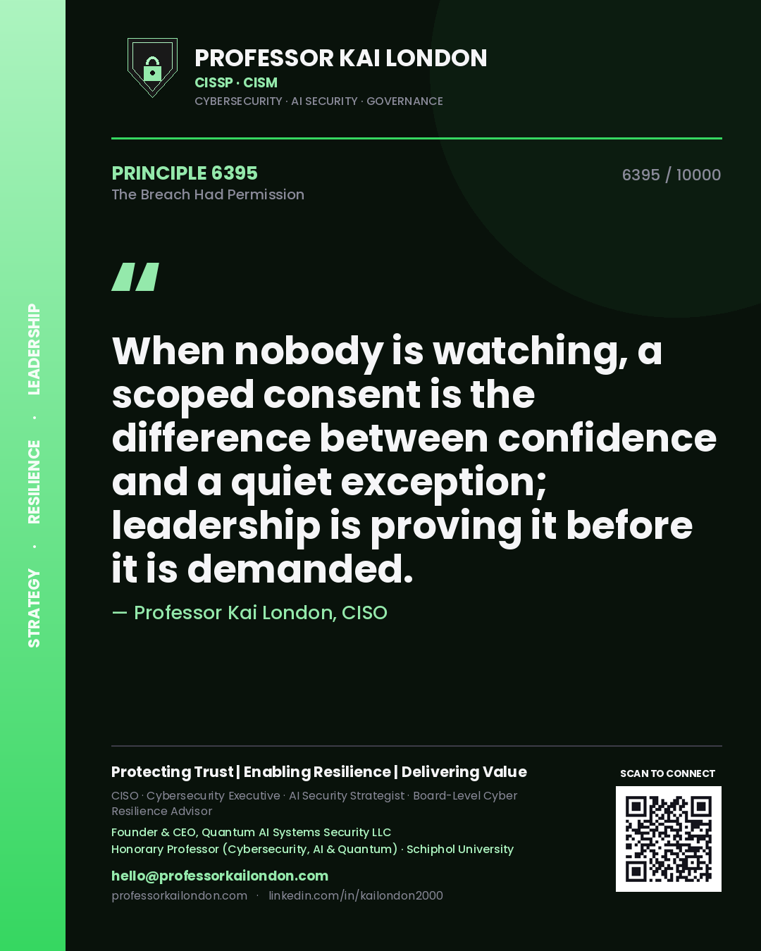 Quote card by Professor Kai London reading 'When nobody is watching, a scoped consent is the difference between confidence and a quiet exception; leadership is proving it before it is demanded.'. From the book The Breach Had Permission.