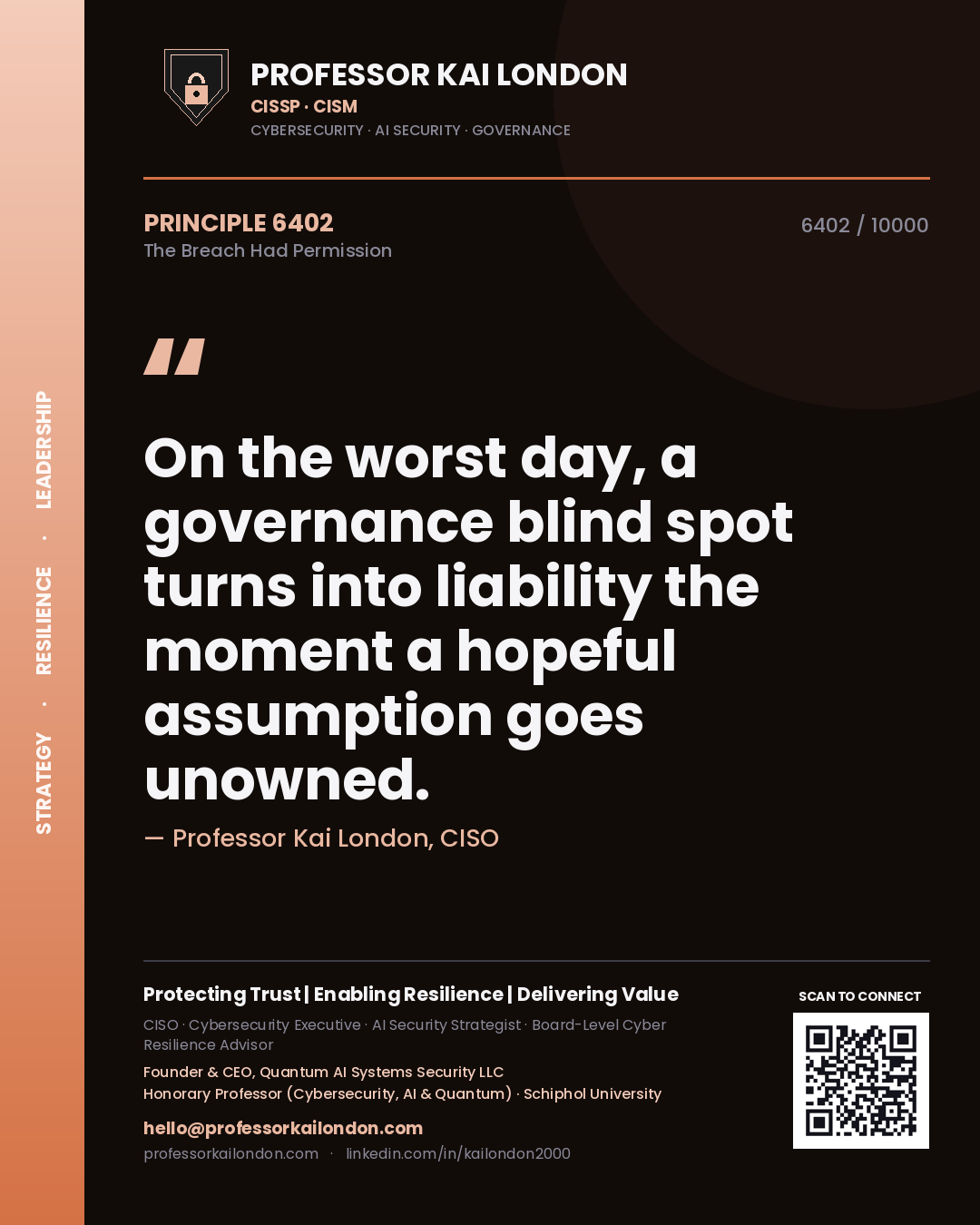 Quote card by Professor Kai London reading 'On the worst day, a governance blind spot turns into liability the moment a hopeful assumption goes unowned.'. From the book The Breach Had Permission.