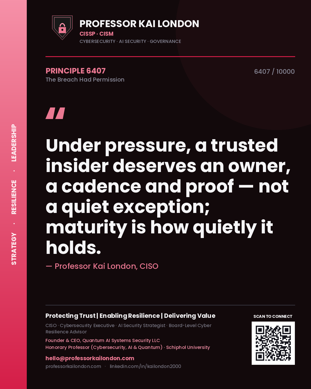 Professor Kai London principle 6407: Under pressure, a trusted insider deserves an owner, a cadence and proof — not a quiet exception; maturity is how quietly it holds.