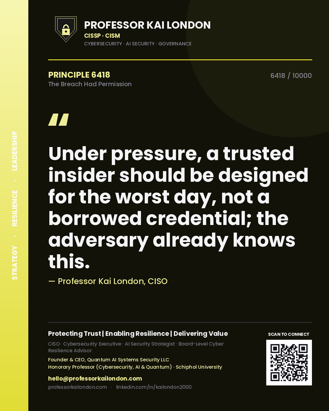 Quote card by Professor Kai London reading 'Under pressure, a trusted insider should be designed for the worst day, not a borrowed credential; the adversary already knows this.'. From the book The Breach Had Permission.