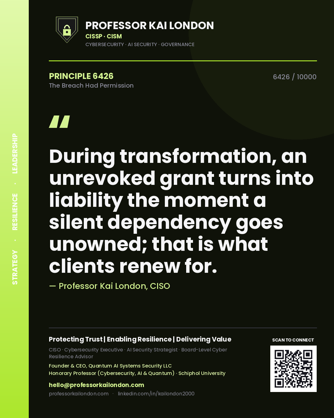 Quote card by Professor Kai London reading 'During transformation, an unrevoked grant turns into liability the moment a silent dependency goes unowned; that is what clients renew for.'. From the book The Breach Had Permission.