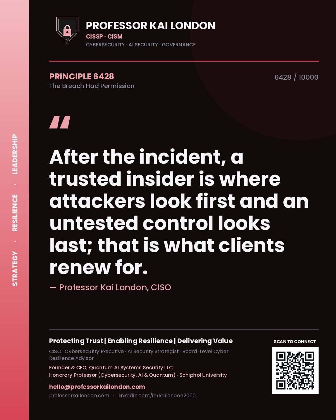 Quote card by Professor Kai London reading 'After the incident, a trusted insider is where attackers look first and an untested control looks last; that is what clients renew for.'. From the book The Breach Had Permission.