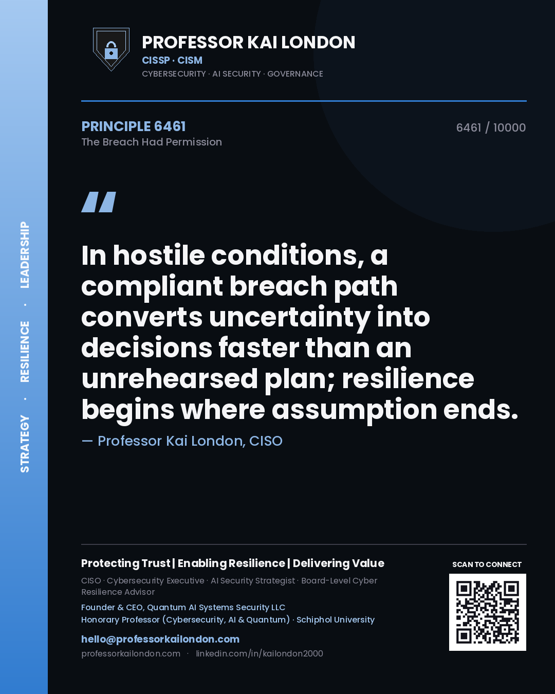 Quote card by Professor Kai London reading 'In hostile conditions, a compliant breach path converts uncertainty into decisions faster than an unrehearsed plan; resilience begins where assumption ends.'. From the book The Breach Had Permission.