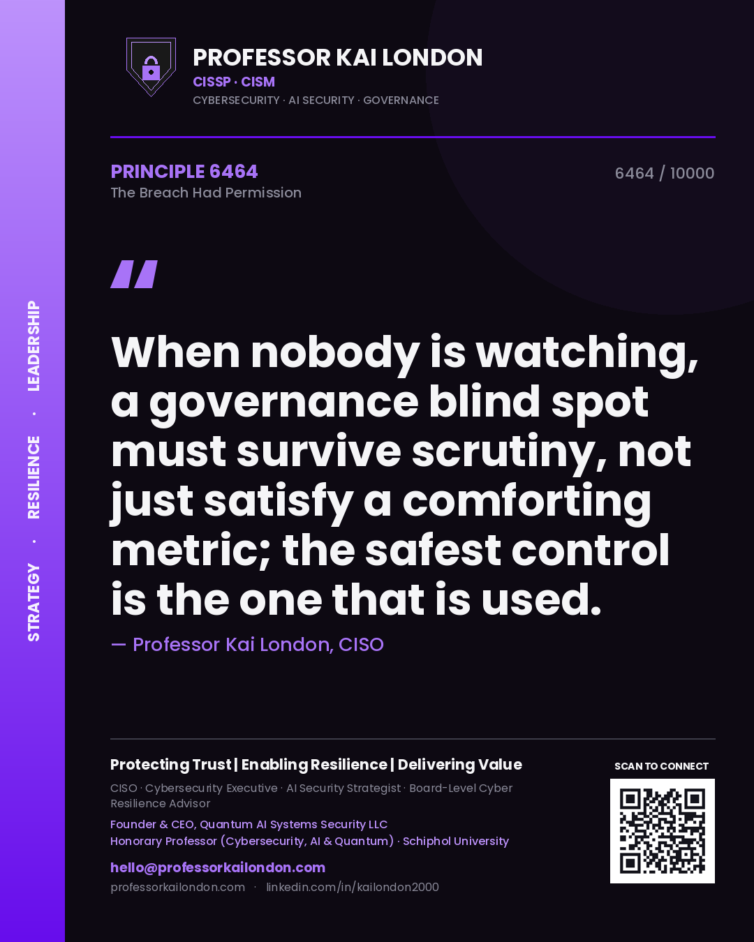 Quote card by Professor Kai London reading 'When nobody is watching, a governance blind spot must survive scrutiny, not just satisfy a comforting metric; the safest control is the one that is used.'. From the book The Breach Had Permission.