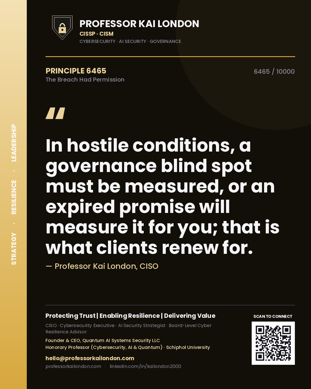 Quote card by Professor Kai London reading 'In hostile conditions, a governance blind spot must be measured, or an expired promise will measure it for you; that is what clients renew for.'. From the book The Breach Had Permission.