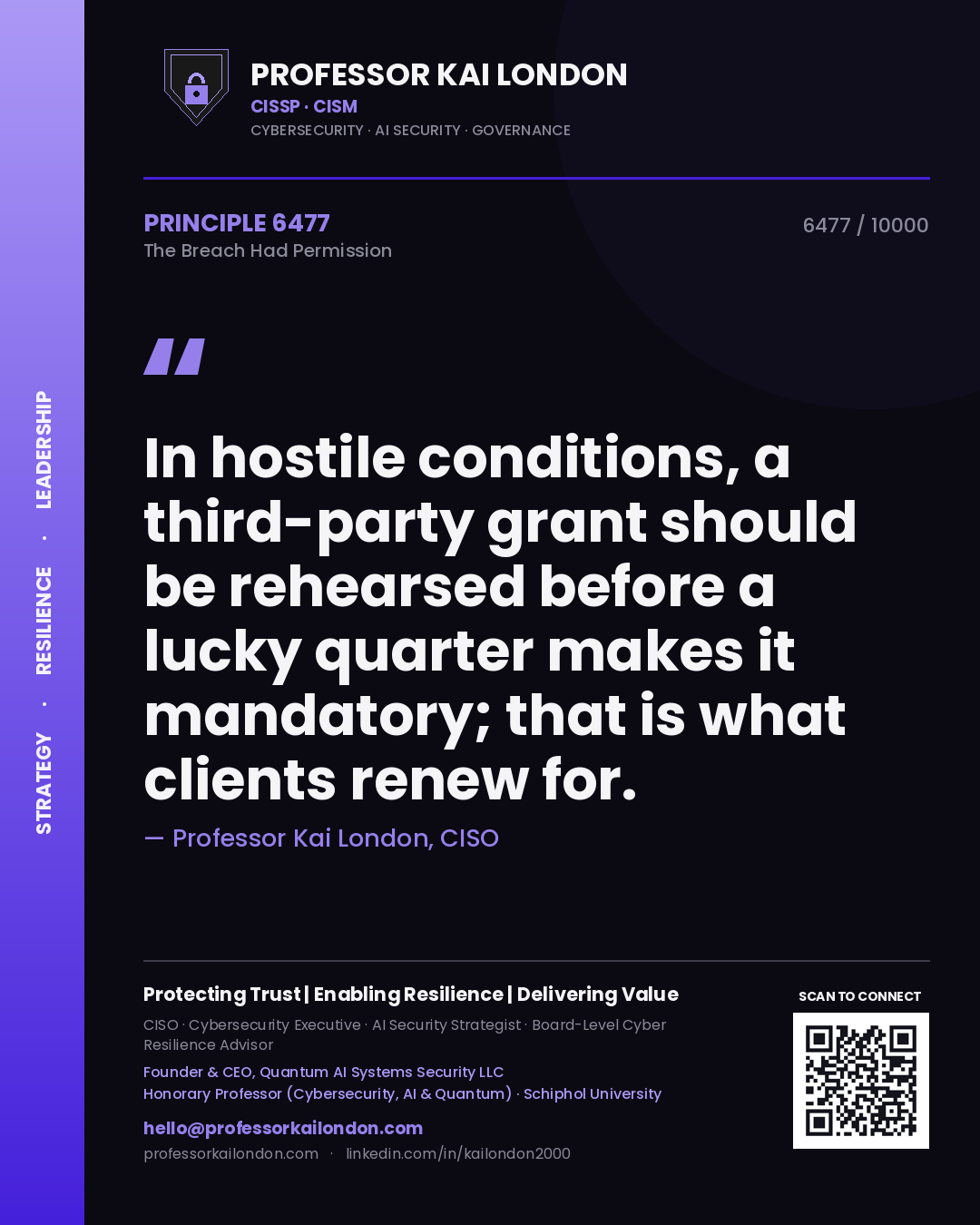 Quote card by Professor Kai London reading 'In hostile conditions, a third-party grant should be rehearsed before a lucky quarter makes it mandatory; that is what clients renew for.'. From the book The Breach Had Permission.