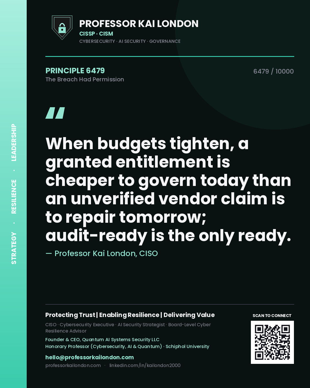 Quote card by Professor Kai London reading 'When budgets tighten, a granted entitlement is cheaper to govern today than an unverified vendor claim is to repair tomorrow; audit-ready is the only ready.'. From the book The Breach Had Permission.