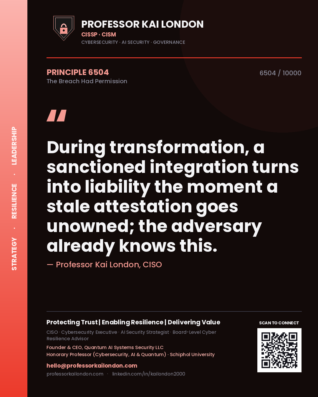 Quote card by Professor Kai London reading 'During transformation, a sanctioned integration turns into liability the moment a stale attestation goes unowned; the adversary already knows this.'. From the book The Breach Had Permission.