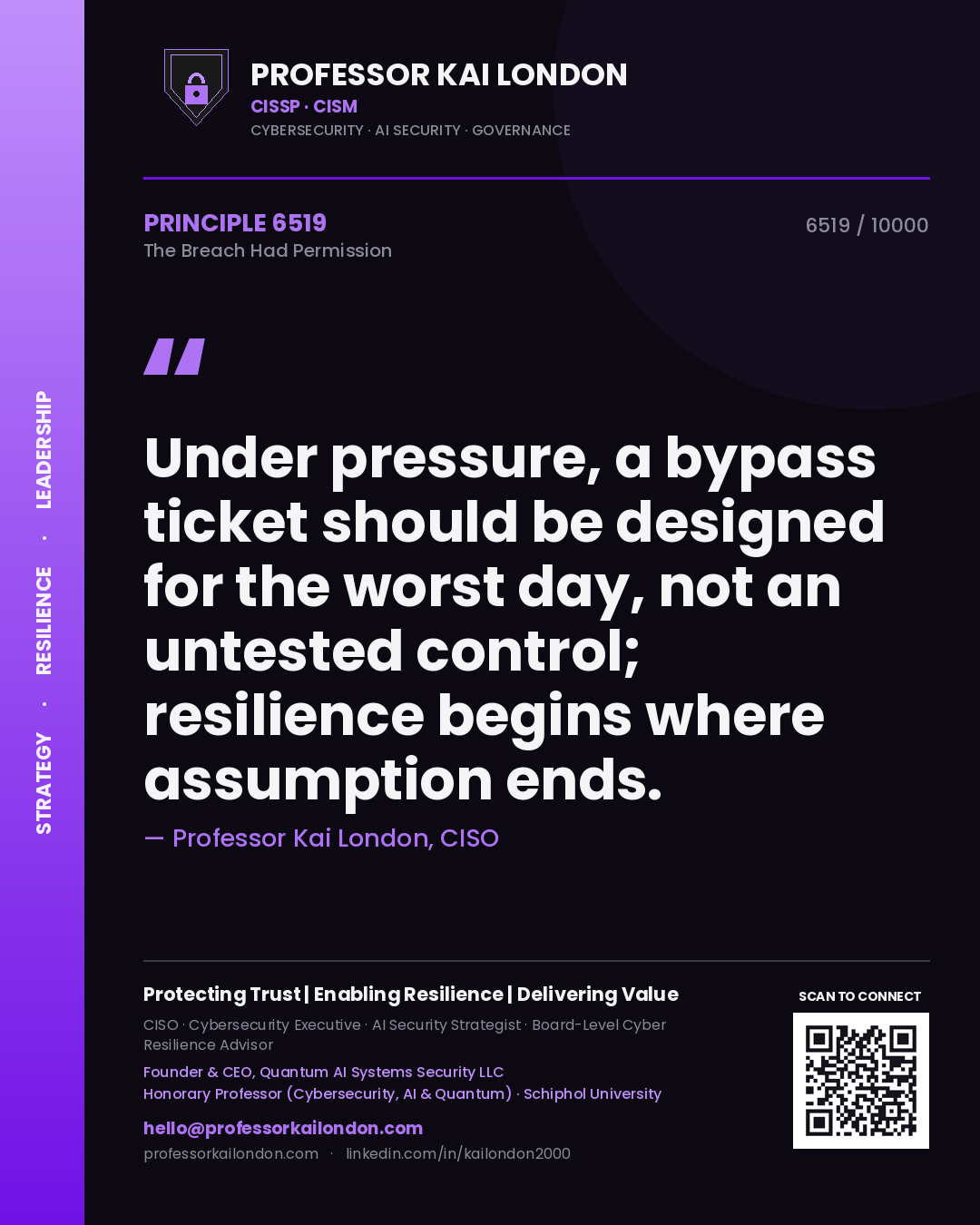 Quote card by Professor Kai London reading 'Under pressure, a bypass ticket should be designed for the worst day, not an untested control; resilience begins where assumption ends.'. From the book The Breach Had Permission.