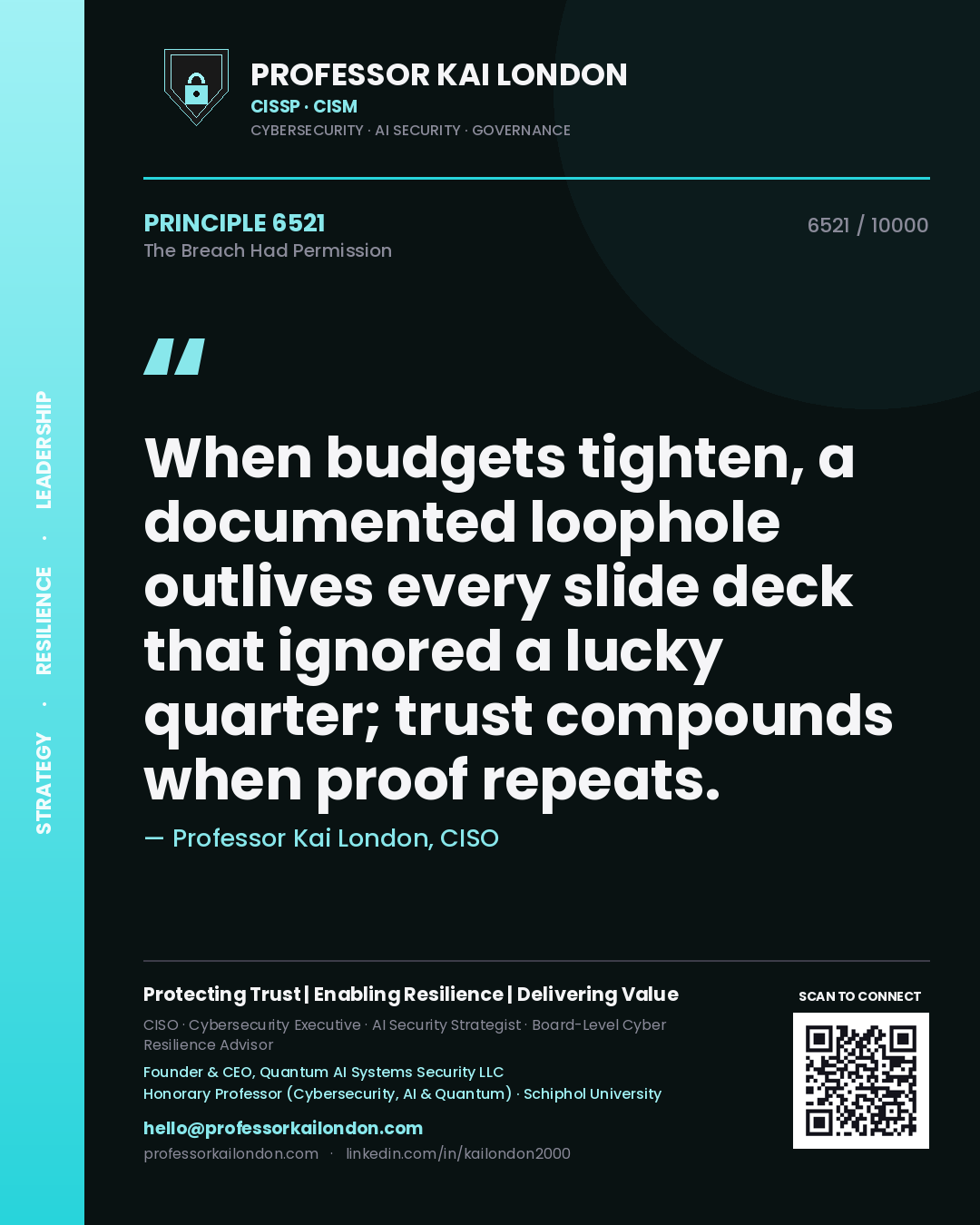 Quote card by Professor Kai London reading 'When budgets tighten, a documented loophole outlives every slide deck that ignored a lucky quarter; trust compounds when proof repeats.'. From the book The Breach Had Permission.