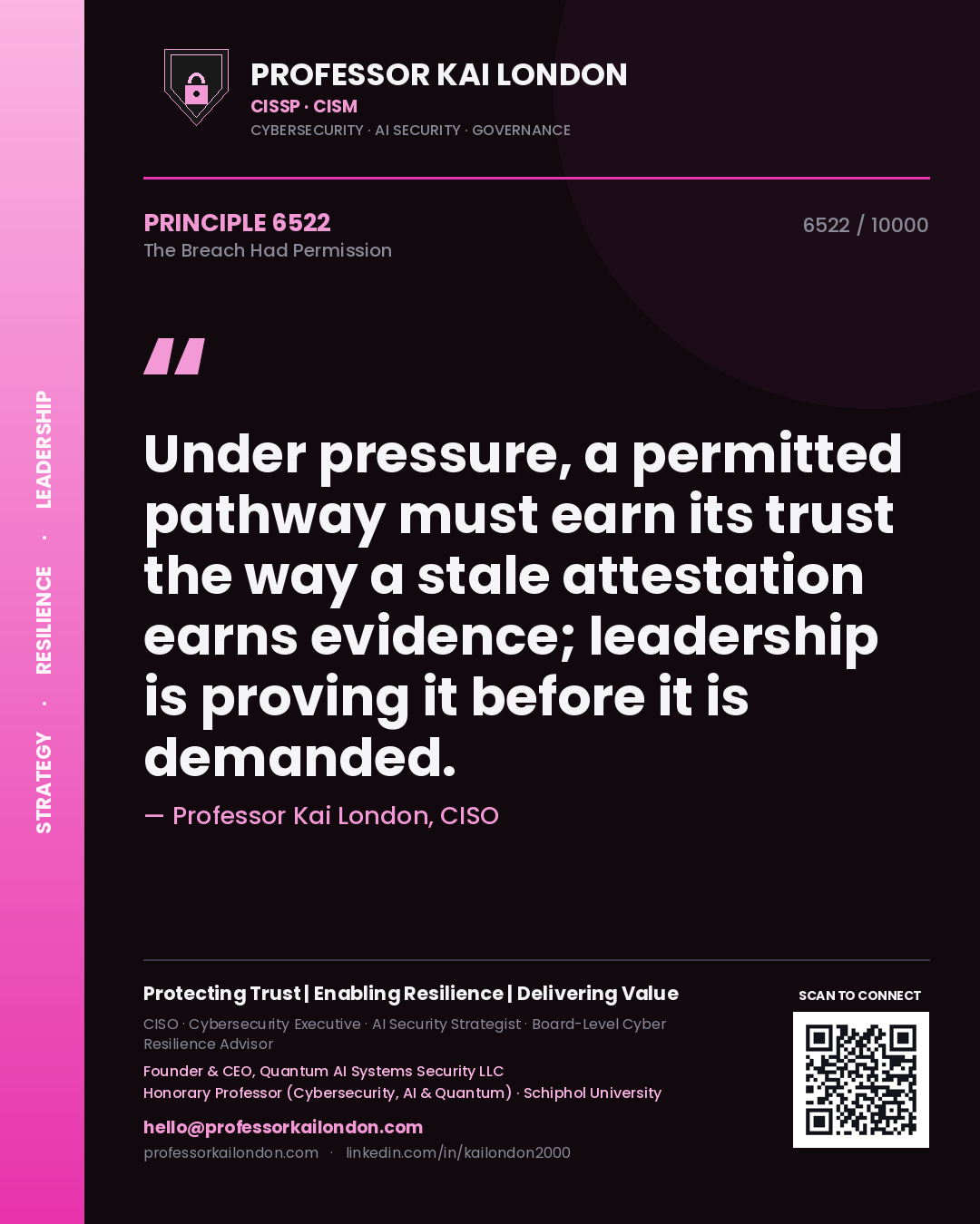 Quote card by Professor Kai London reading 'Under pressure, a permitted pathway must earn its trust the way a stale attestation earns evidence; leadership is proving it before it is demanded.'. From the book The Breach Had Permission.