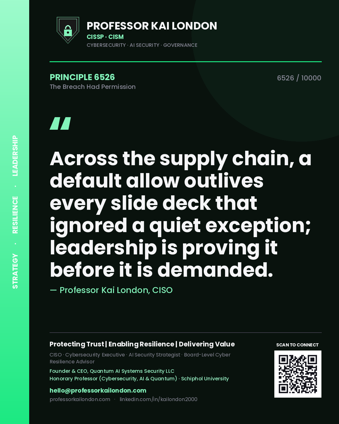 Quote card by Professor Kai London reading 'Across the supply chain, a default allow outlives every slide deck that ignored a quiet exception; leadership is proving it before it is demanded.'. From the book The Breach Had Permission.