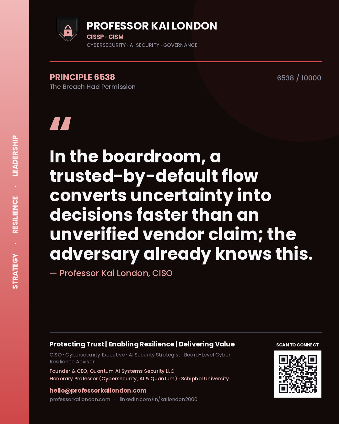 Professor Kai London principle 6538: In the boardroom, a trusted-by-default flow converts uncertainty into decisions faster than an unverified vendor claim; the adversary already knows this.
